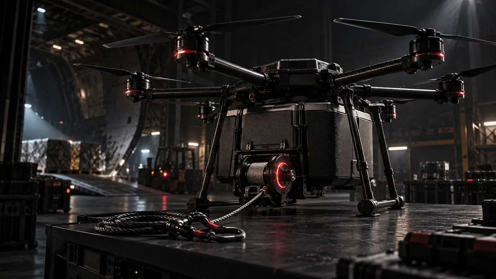 Drone de entrega profissional em bancada técnica escura com compartimento de carga
