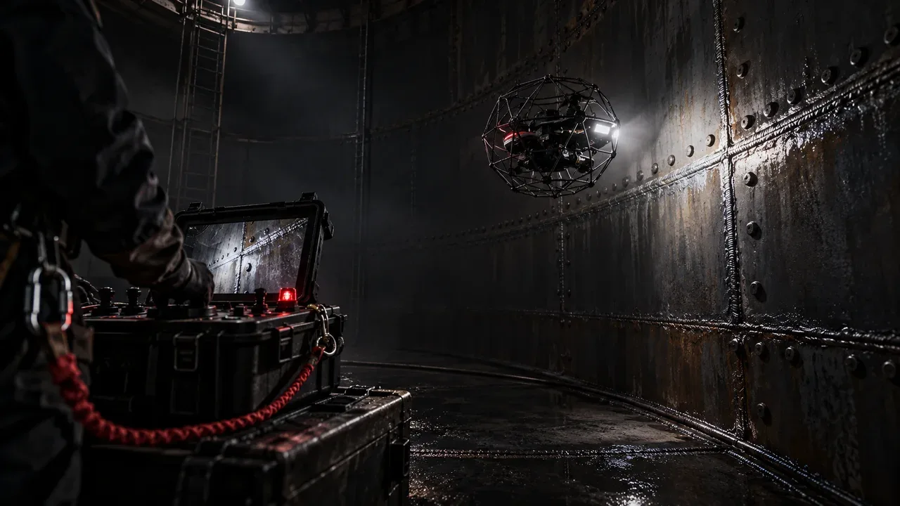 Drone de inspeção em espaço confinado protegido por gaiola esférica navegando em tanque metálico industrial