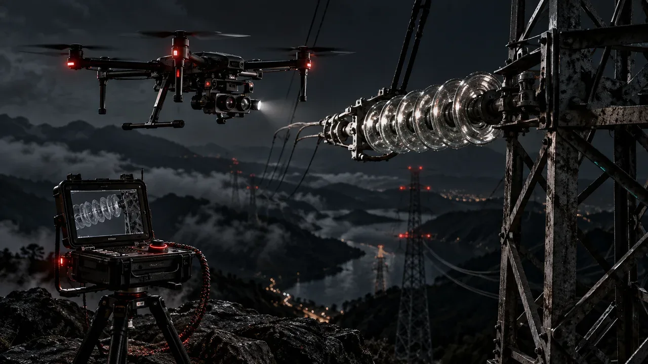 Drone industrial pairando próximo a isoladores de torre de transmissão elétrica durante inspeção em campo