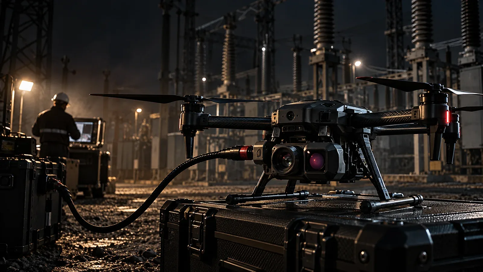Drone industrial de inspeção em bancada técnica escura com sensores térmicos e cabo de telemetria