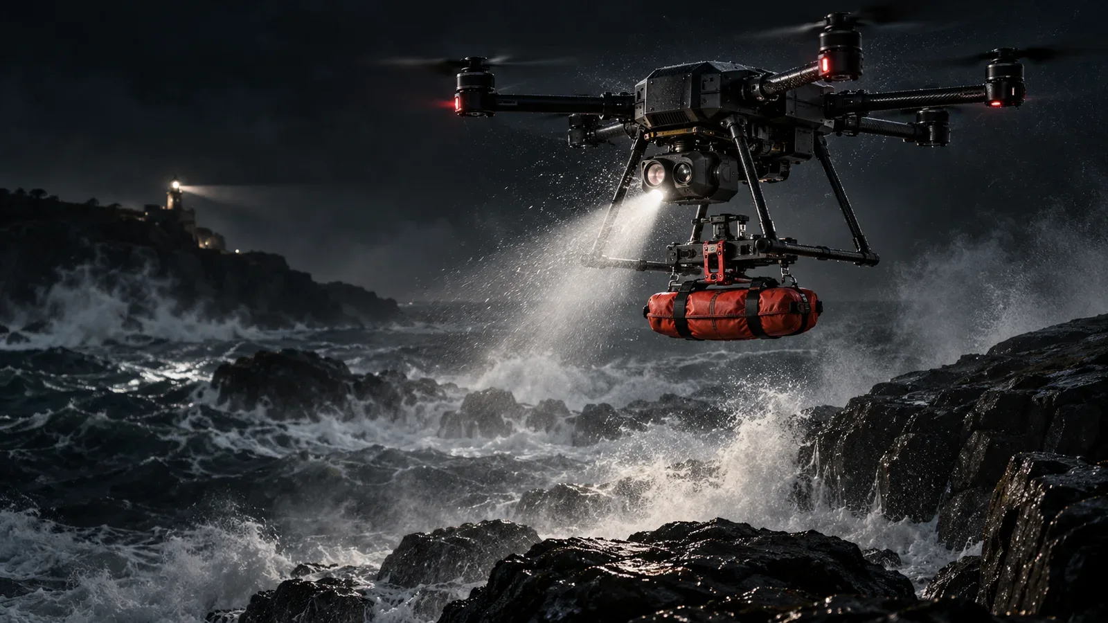Drone industrial de resgate pairando ao entardecer sobre ondas oceânicas com holofote ligado e mecanismo de soltura de boia com trava carmim
