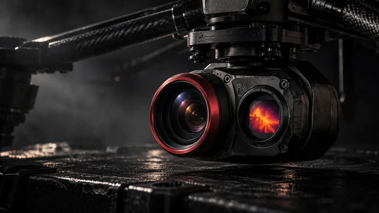 Módulo de gimbal com sensor térmico infravermelho e lente teleobjetiva com anel de ajuste carmim em bancada de ensaios escuros