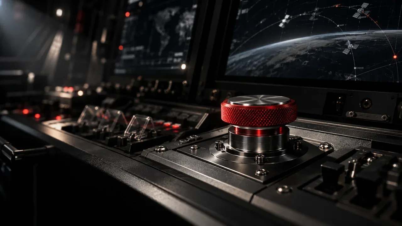 Console operacional de segurança patrimonial com telas de comando e seletor manual tático com acabamento carmim em destaque