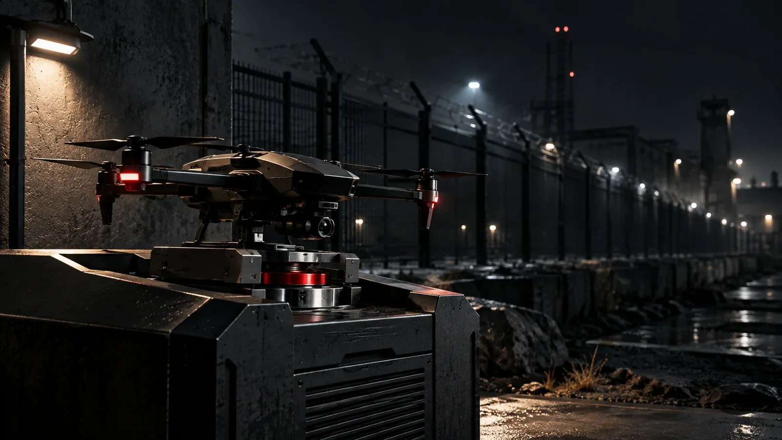 Estação autônoma de recarga e drone de segurança sobrevoando divisa perimetral industrial ao anoitecer com iluminação pontual carmim