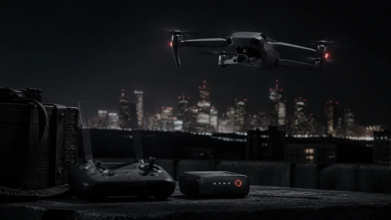 Drone com câmera estabilizada pairando diante de horizonte urbano, com controle e bateria em primeiro plano