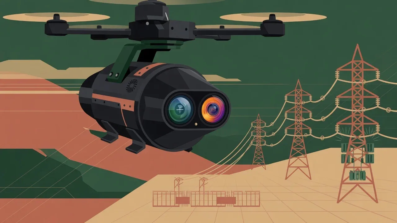 Ilustração gráfica de carga útil com sensores ópticos de zoom e câmera térmica radiométrica apontados para rede de energia