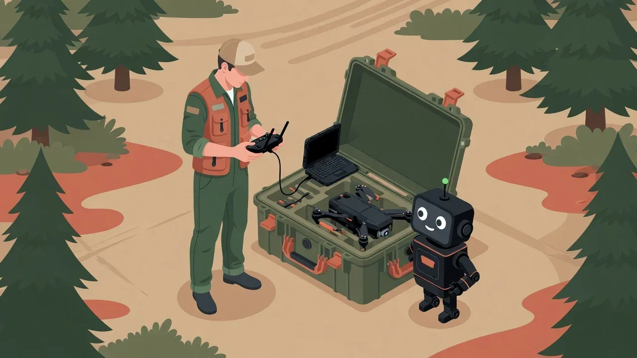 Ilustração gráfica de estação de controle no campo com engenheiro conferindo dados na tela ao lado de maleta rígida e mascote