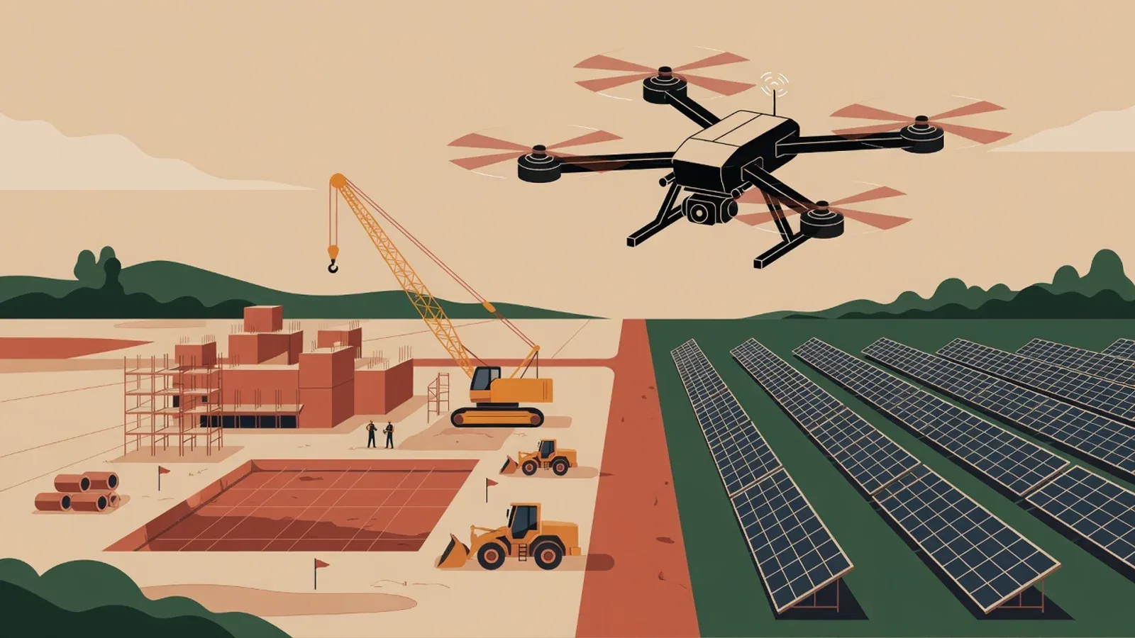 Ilustração gráfica de um drone enterprise industrial com módulo de satélite RTK sobrevoando canteiro de obras e usina solar
