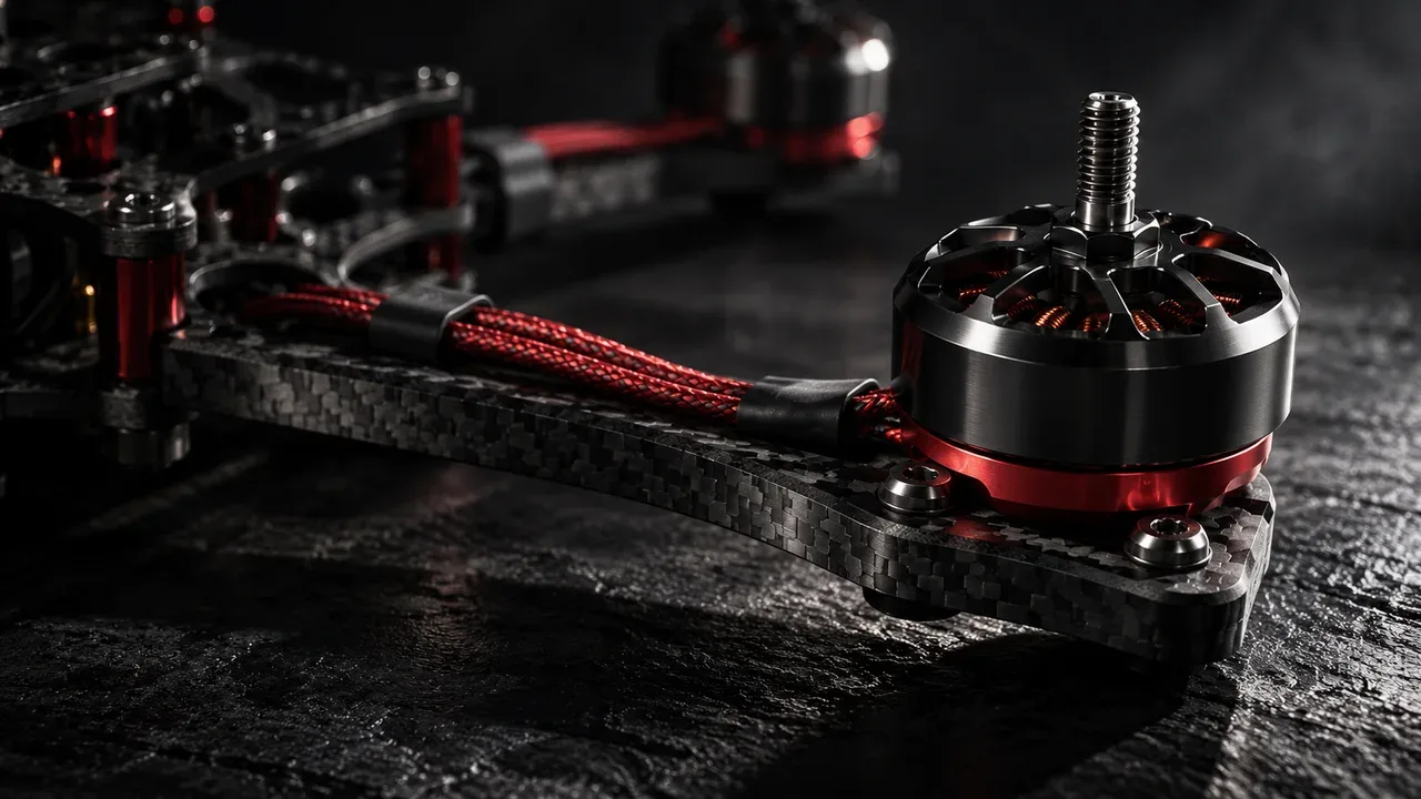 Quadricóptero de freestyle FPV de 5 polegadas sobre bancada de manutenção com iluminação direcional