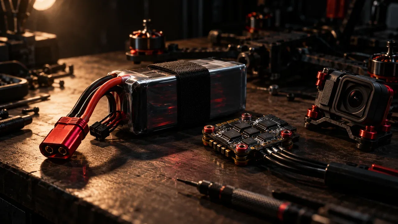 Montagem eletrônica com bateria LiPo 6S de alta taxa de descarga e cabos de força reforçados