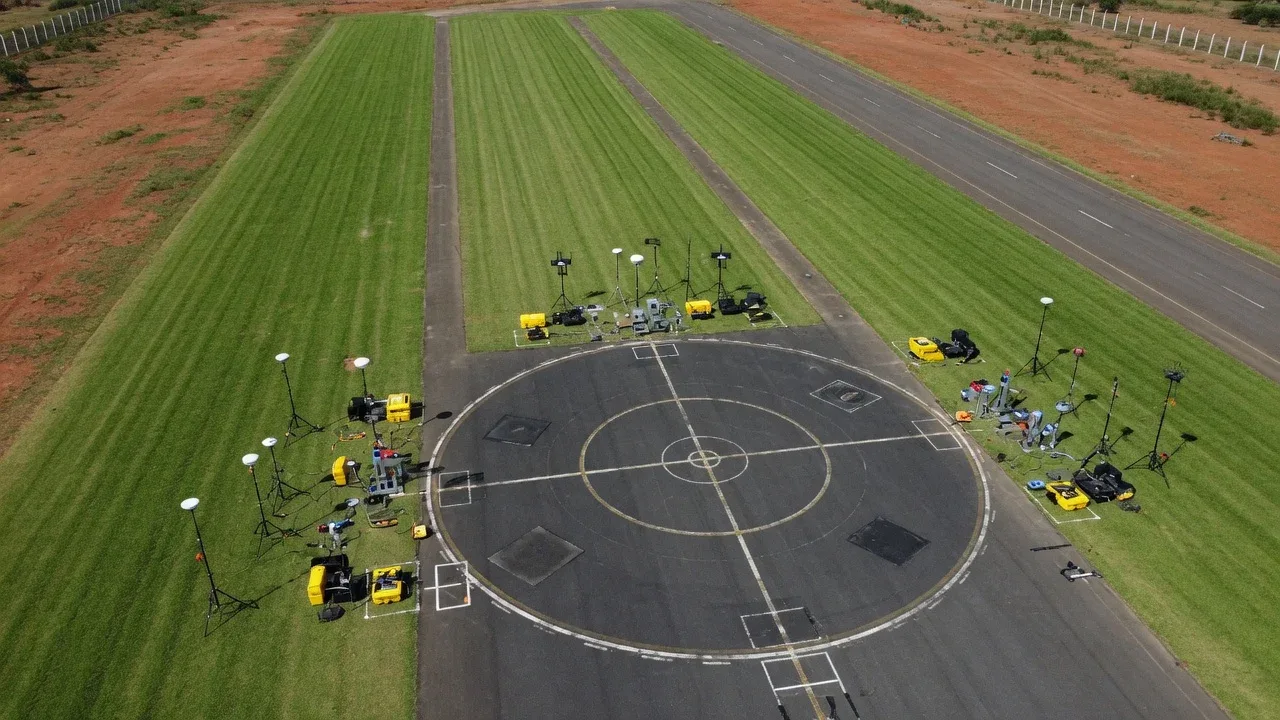 Vista aérea de base técnica de testes e pistas com equipamentos alinhados no solo