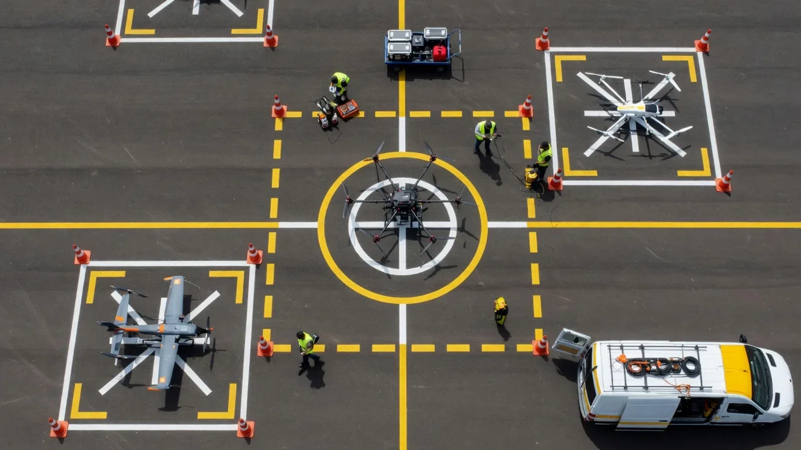 Vista aérea superior de pátio operacional de hangar de drones com equipes em checagem técnica