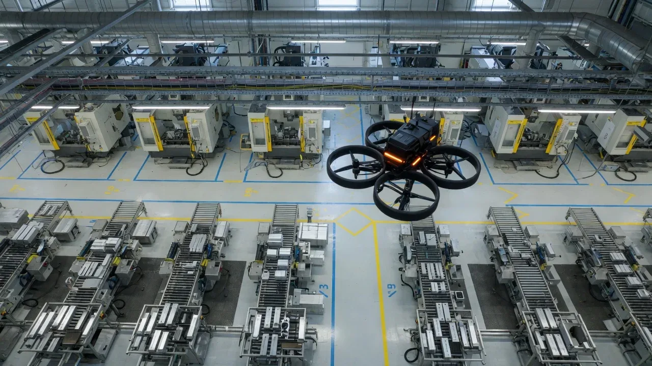 Vista aérea de linha de montagem com esteiras industriais e drone indoor dutado sobrevoando o corredor