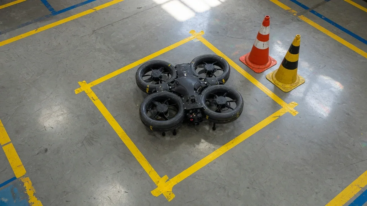 Enquadramento aéreo fechado de drone indoor com proteções circulares posicionado em zona de decolagem