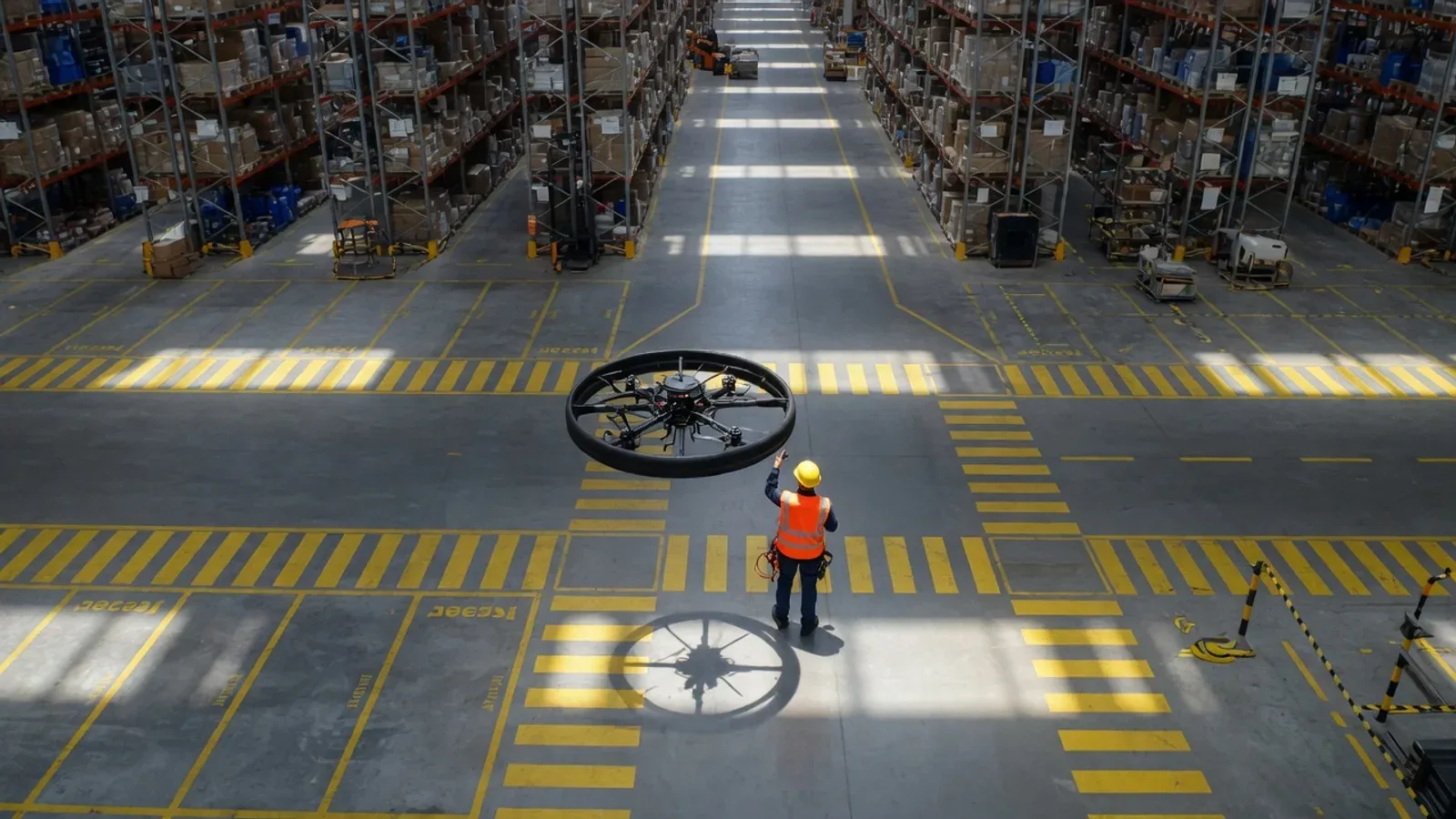 Vista aérea zenital de um galpão logístico industrial com drone cinewhoop dutado voando em baixa altura