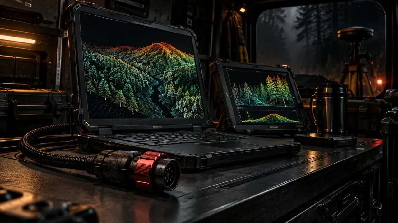Estação de controle em van de campo exibindo nuvem de pontos topográfica 3D em monitor de alta resolução
