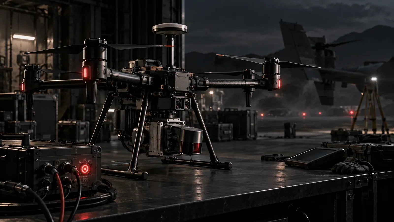 Drone industrial com sensor laser LiDAR e antena GNSS RTK sobre bancada de testes aeroespaciais