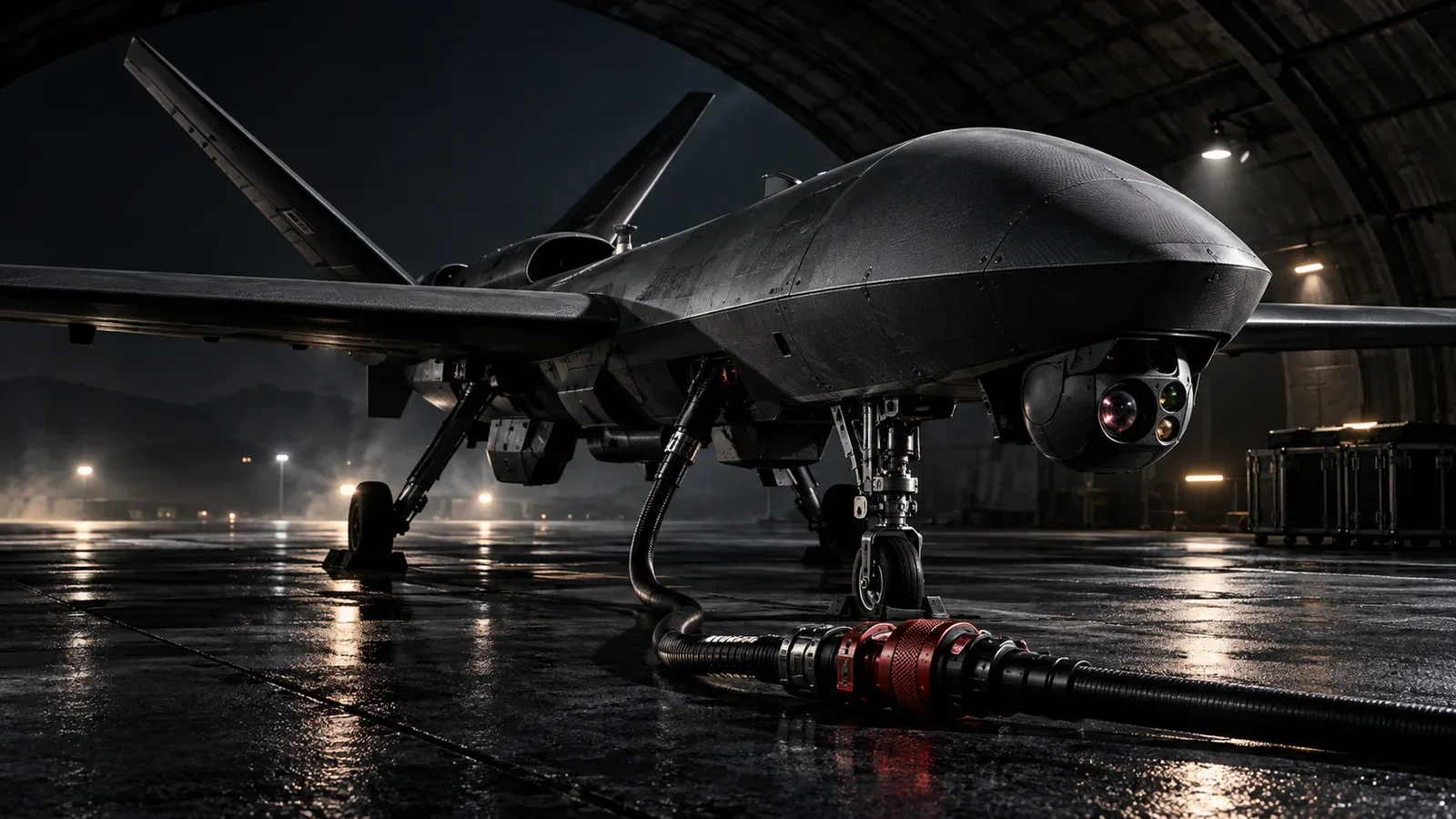 Aeronave remotamente pilotada militar em hangar escuro com iluminação direcional chiaroscuro e cabeamento com acoplador carmim