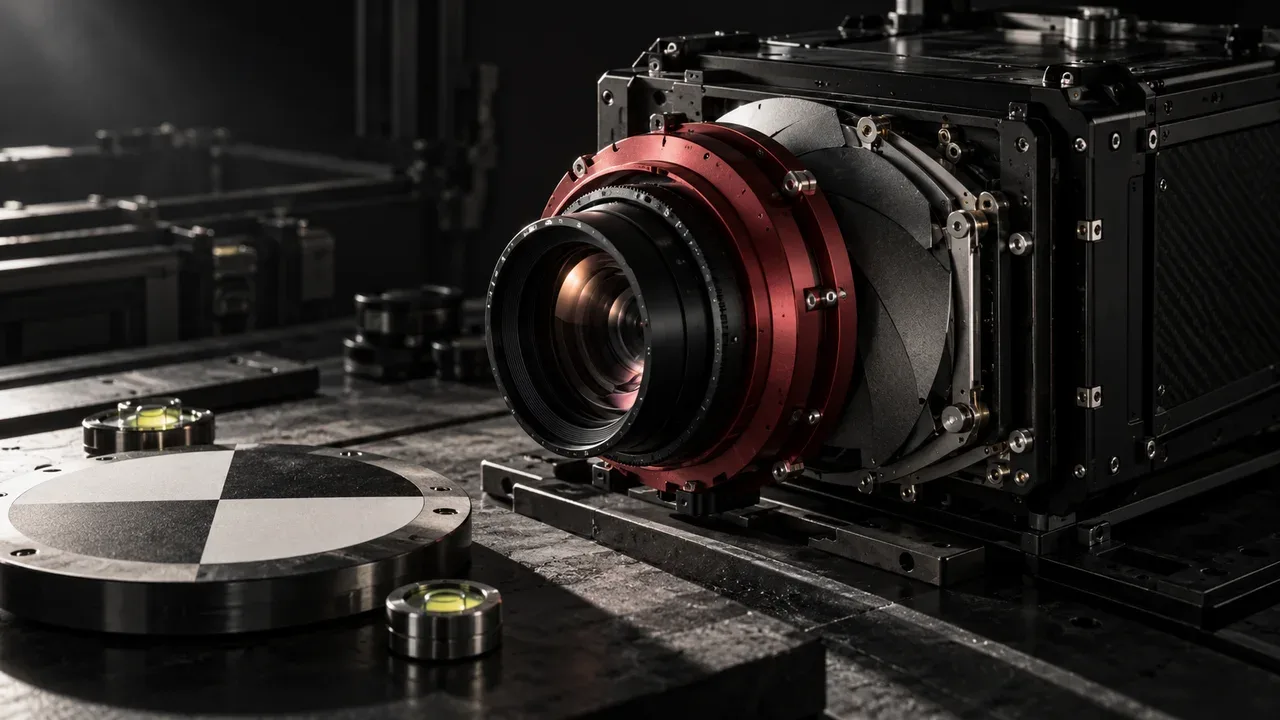 Câmera métrica de topografia com sensor fotográfico e obturador de lente ao lado de alvo circular de ponto de controle