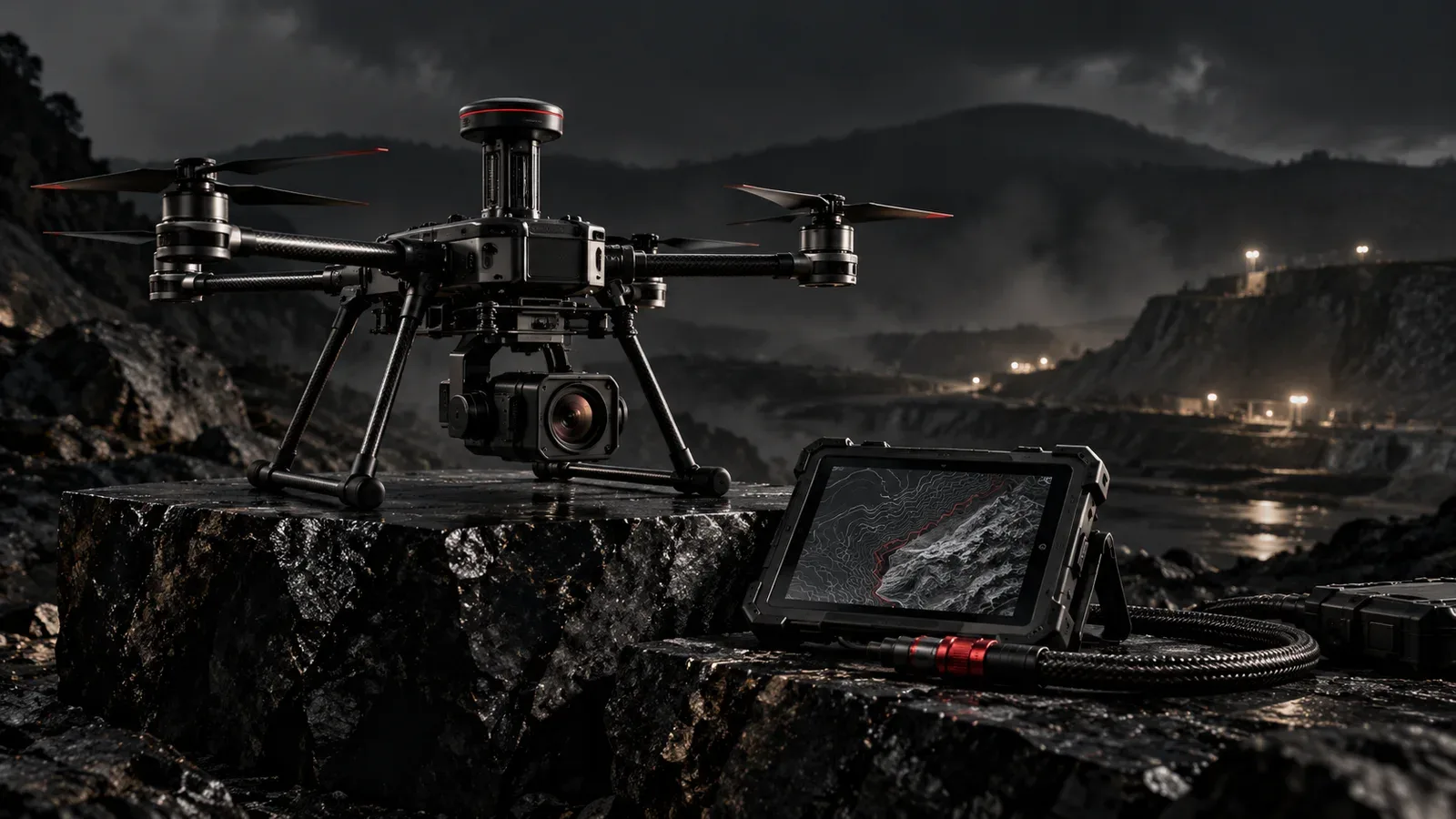 Drone profissional de topografia e aerolevantamento com módulo GNSS RTK em bancada técnica escura