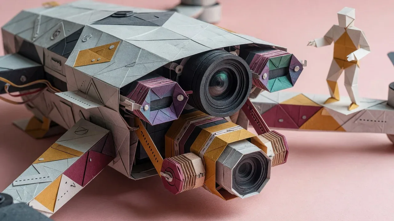 Detalhe frontal dos sensores de visão e câmera de drone em escultura de papel
