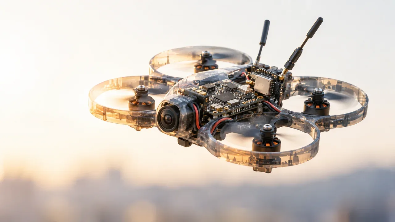 Silhueta de micro drone RTF com visão dos circuitos internos e componentes integrados