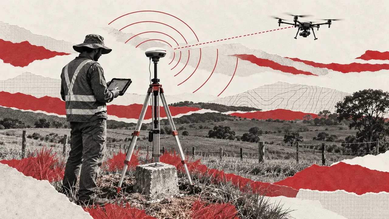 Estação base GNSS RTK instalada sobre marco geodésico em campo