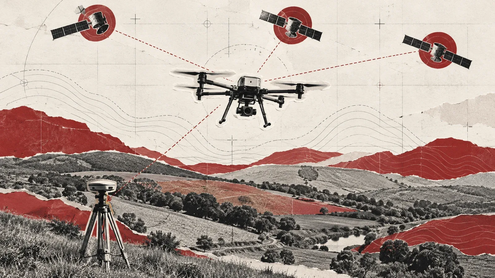 Drone RTK comercial sobrevoando terreno topográfico em colagem editorial