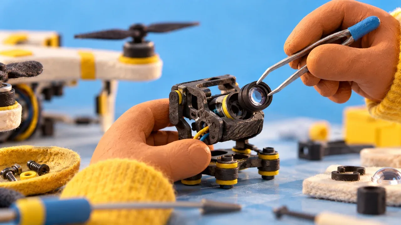 Detalhe em massinha de mãos artesanais posicionando lente de câmera e circuito em drone miniatura