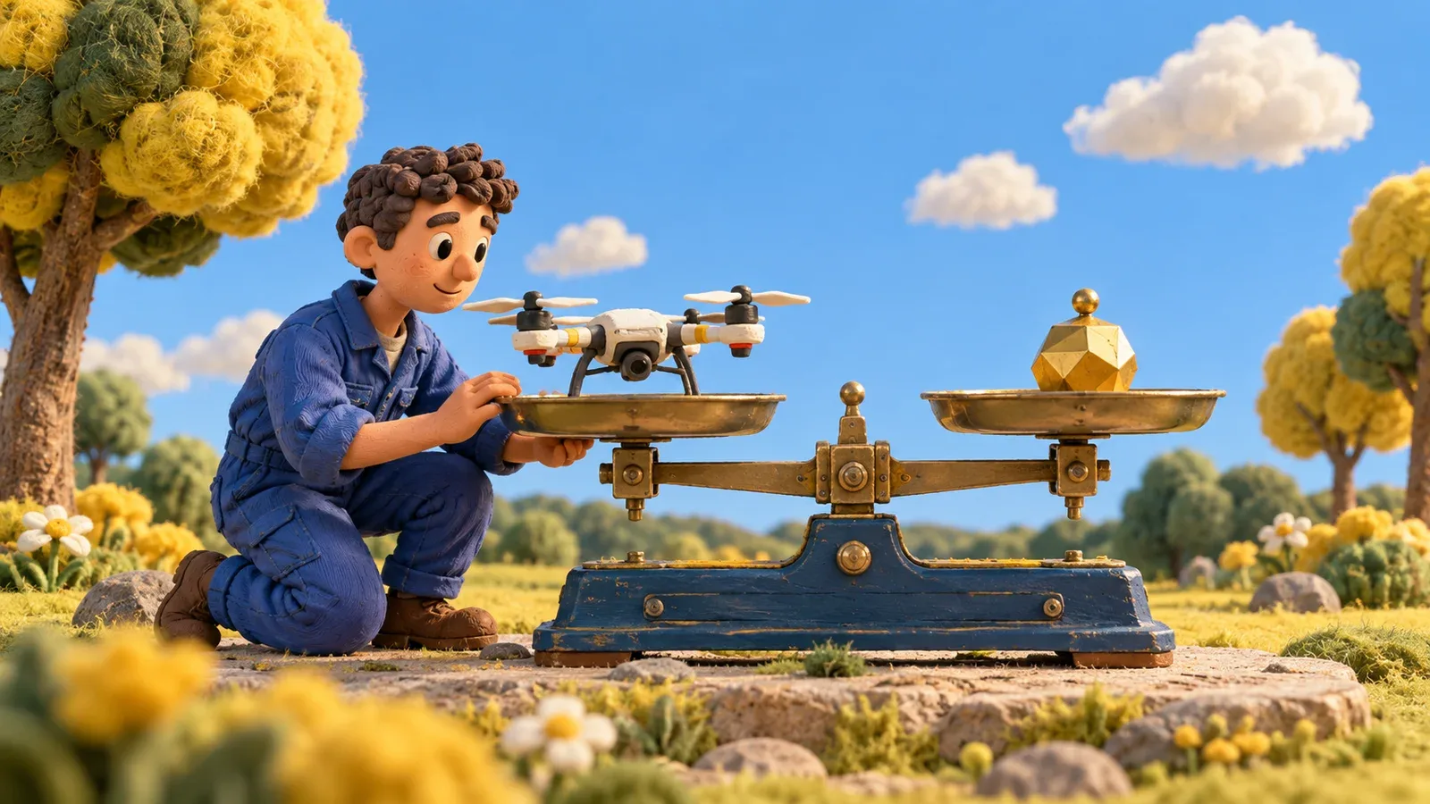 Técnico em animação stop-motion ajustando drone miniatura em balança mecânica de precisão