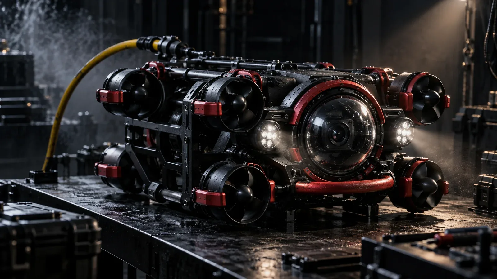 Mini-ROV subaquático de inspeção industrial sobre bancada técnica em iluminação chiaroscuro