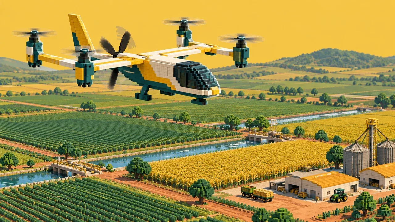Drone VTOL em transição para voo horizontal de cruzeiro sobre vale agrícola
