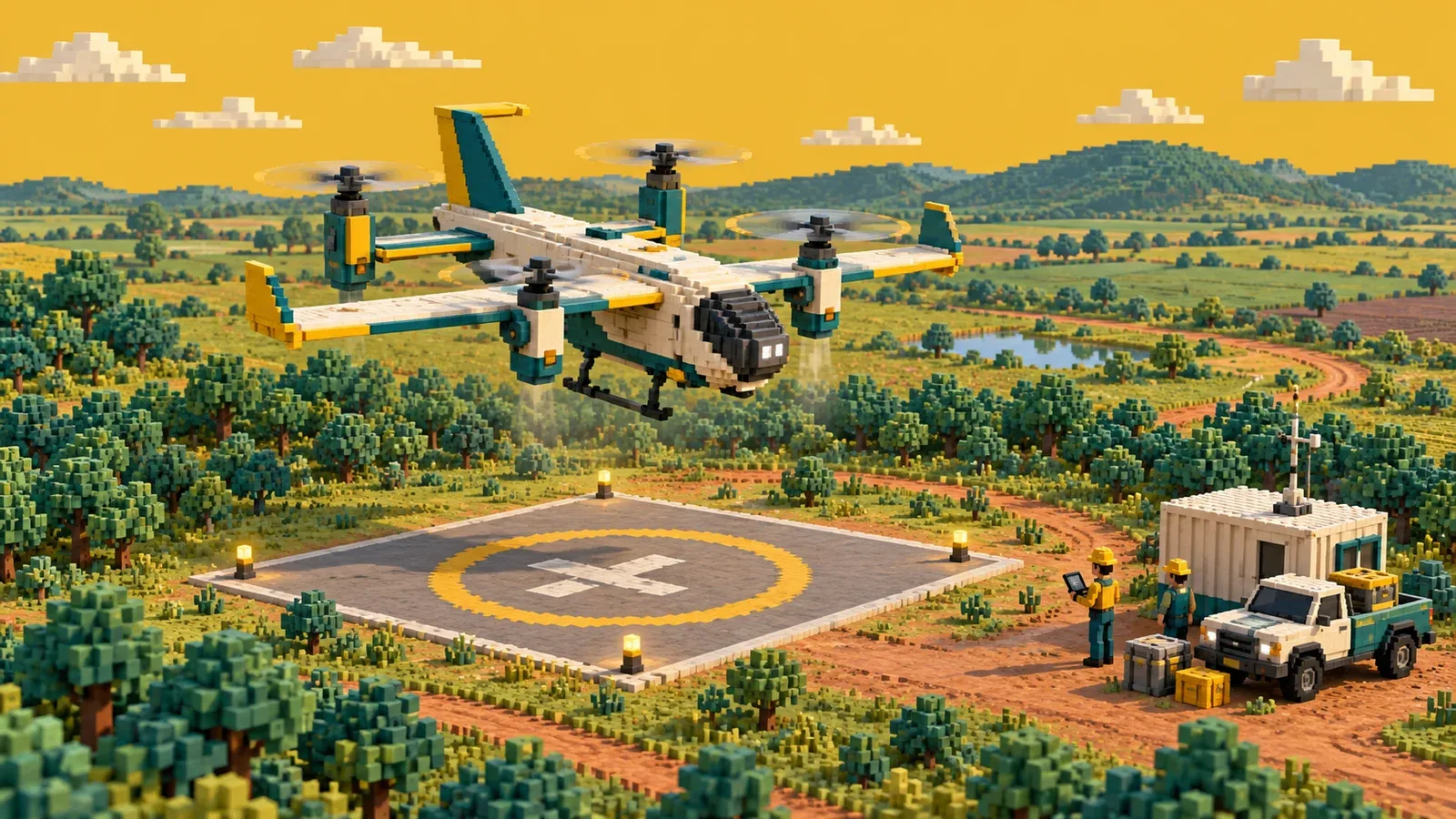 Drone híbrido VTOL decolando na vertical a partir de plataforma em clareira rural