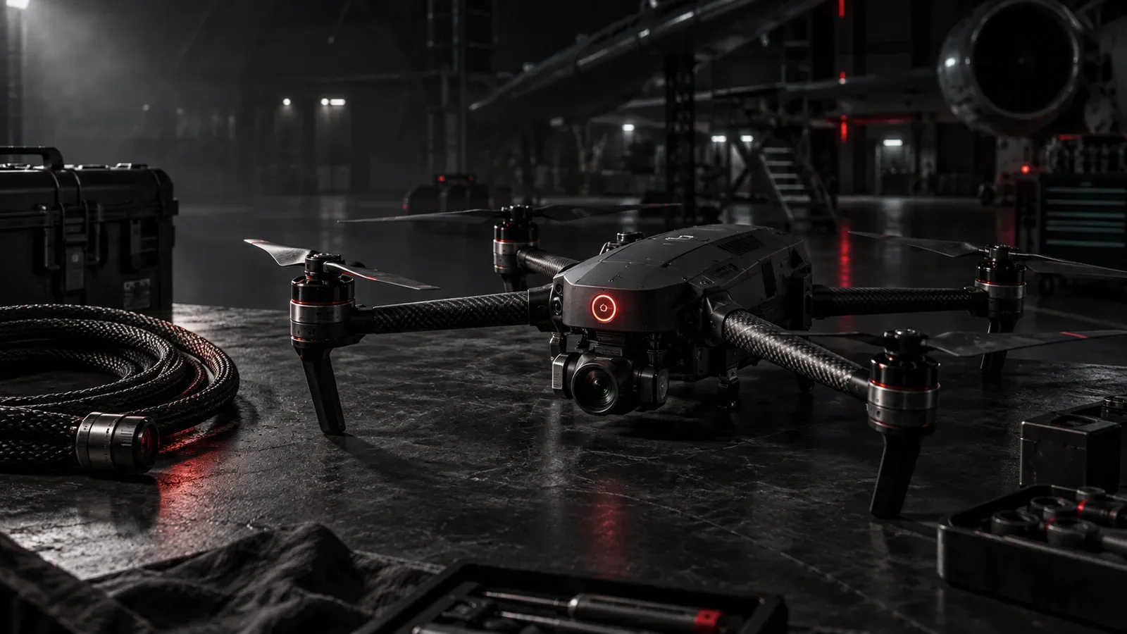 Drone quadricóptero profissional em fibra de carbono sobre bancada de manutenção aeronáutica com anel indicador iluminado