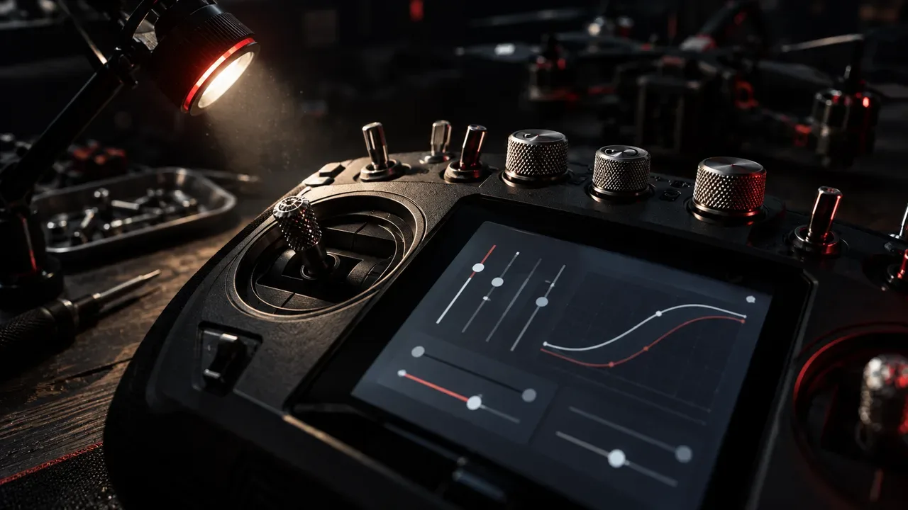 Interface sensível ao toque de um rádio FPV moderno exibindo curvas de calibração no EdgeTX sob iluminação técnica