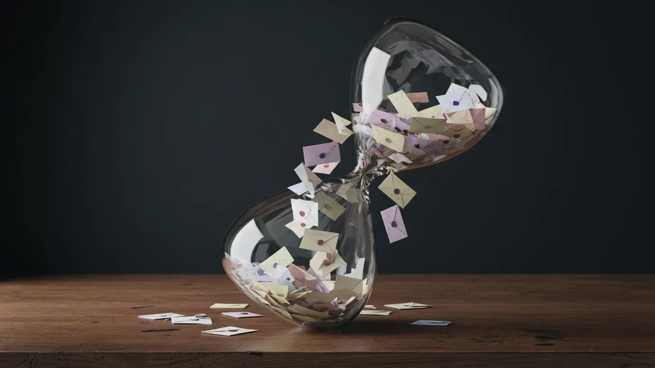 Ampulheta de vidro com cartas e envelopes em fluxo de automação de marketing