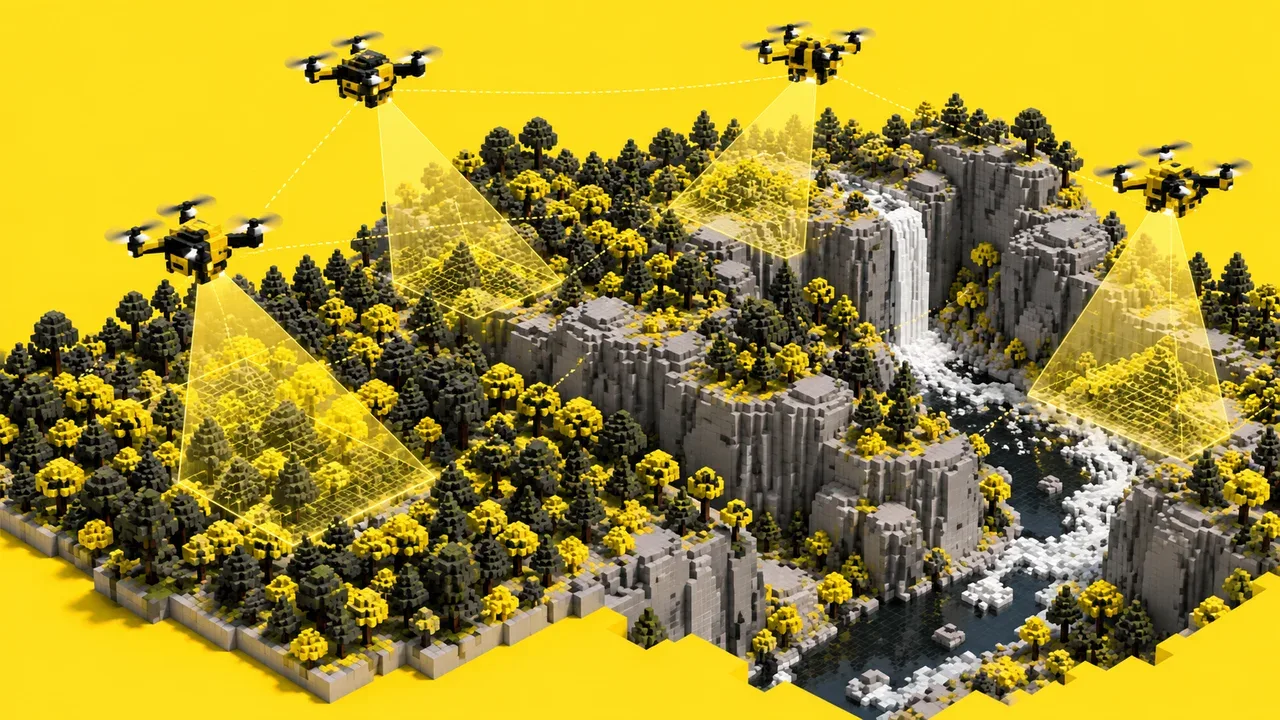 Microdrones voando sobre malha de relevo florestal estilizada em blocos durante busca cooperativa