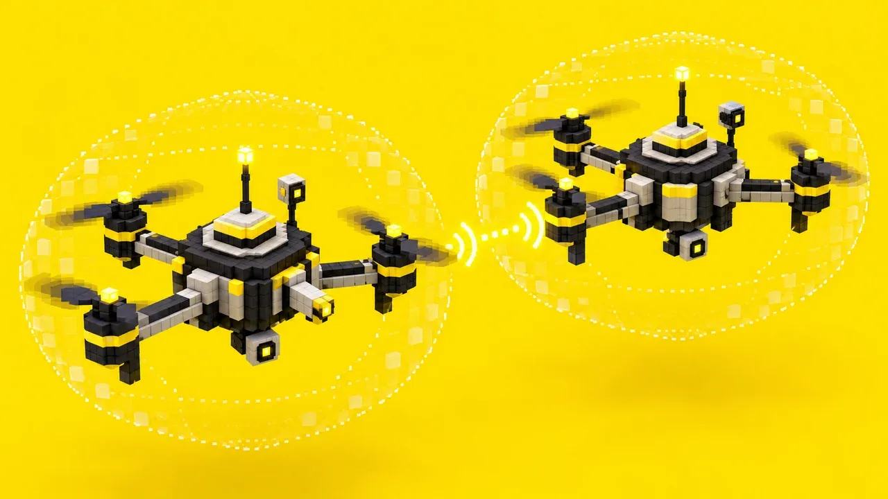 Dois drones em blocos cúbicos emparelhados em voo com campos de proximidade e sensores de troca mútua