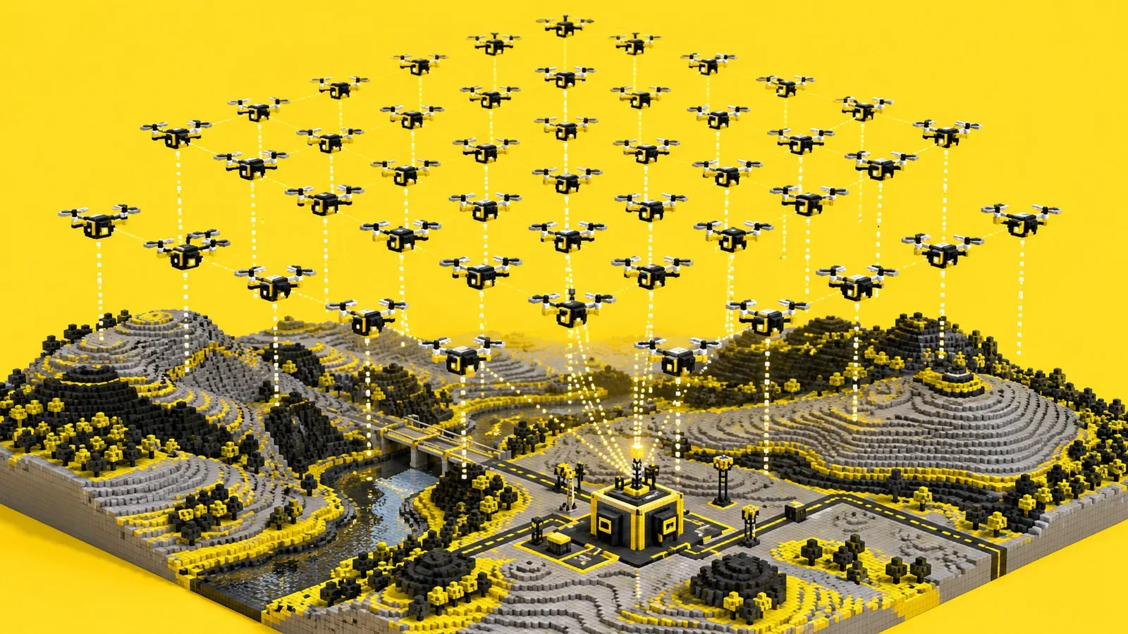 Enxame de drones em blocos geométricos voando em formação tridimensional coordenada sobre maquete topográfica