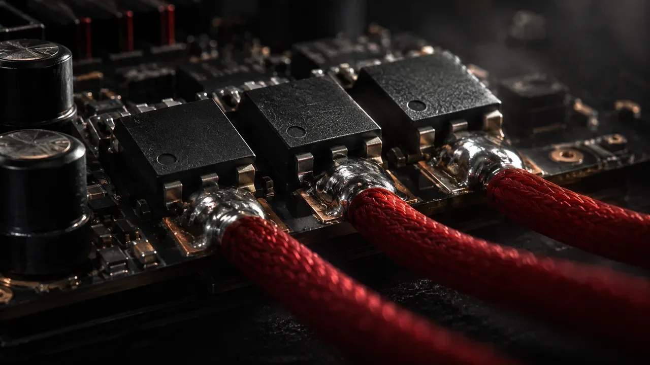Visão macro de transistores MOSFET soldados em placa de circuito de ESC com cabo de silicone carmim conectado