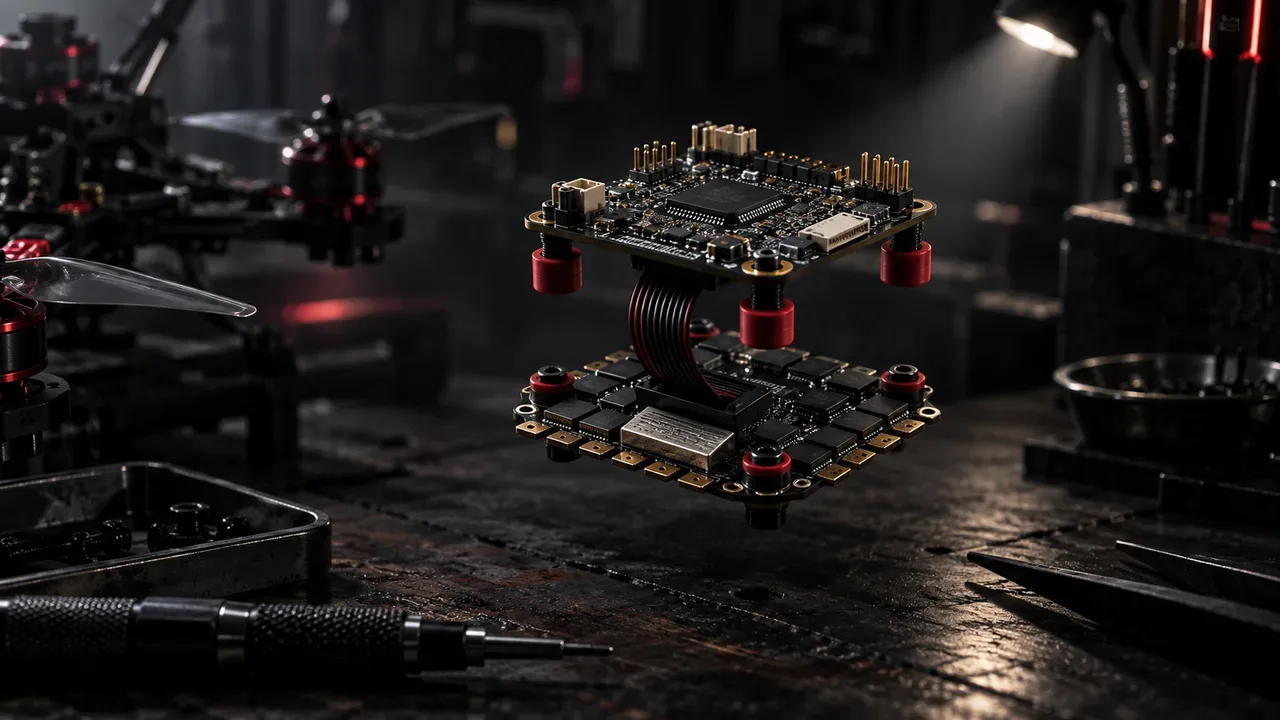 Estrutura central explodida de drone com controladora de voo e ESC 4 em 1 separados por espaçadores de silicone carmim