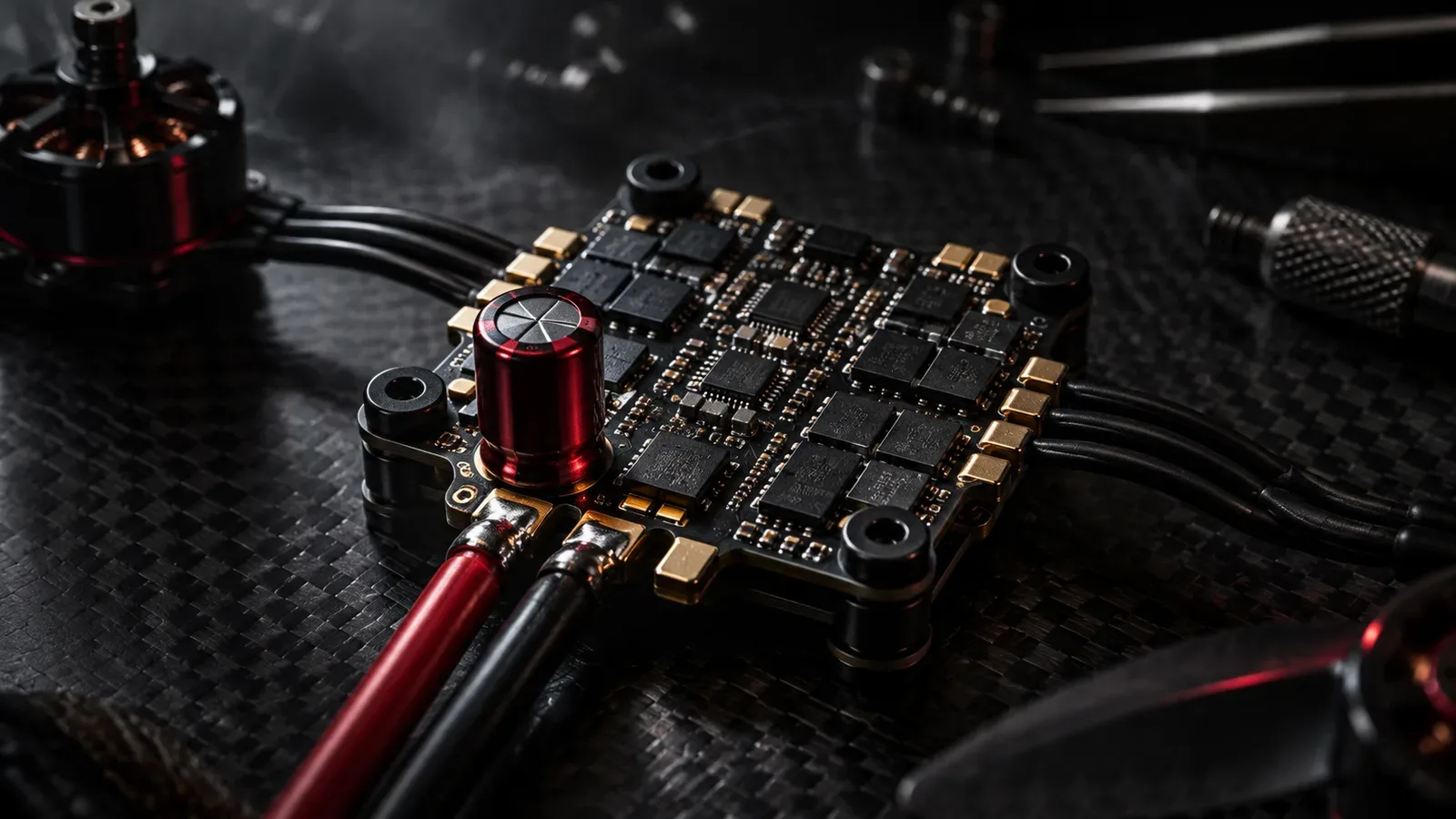 Placa de circuito de ESC 4 em 1 com transistores MOSFET e capacitor de baixa resistência interna em bancada técnica escura