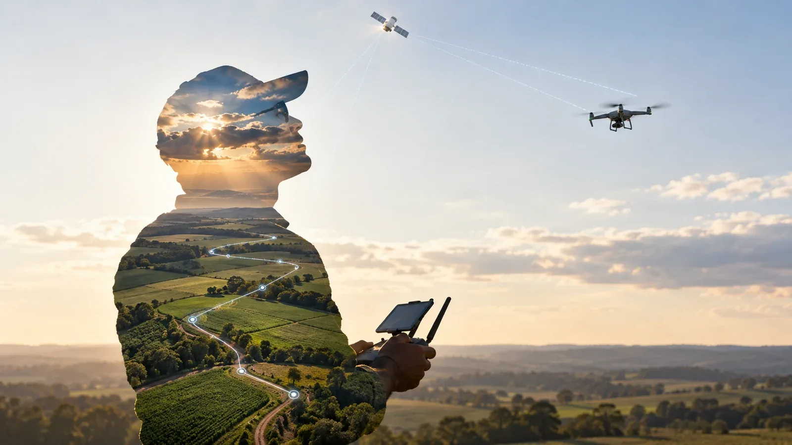 Dupla exposição de piloto de drone com trajetória aérea de voo ao entardecer