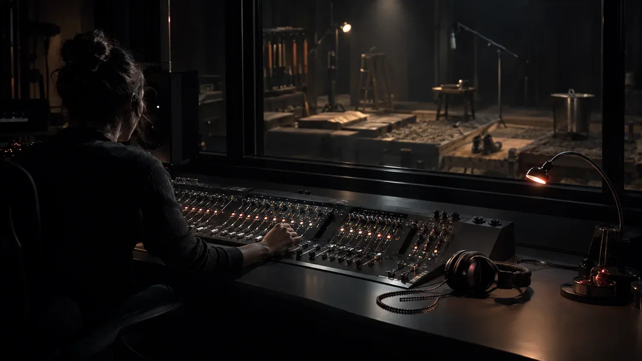 Mesa de mixagem digital com faders motorizados e monitores de estúdio para controle de foley