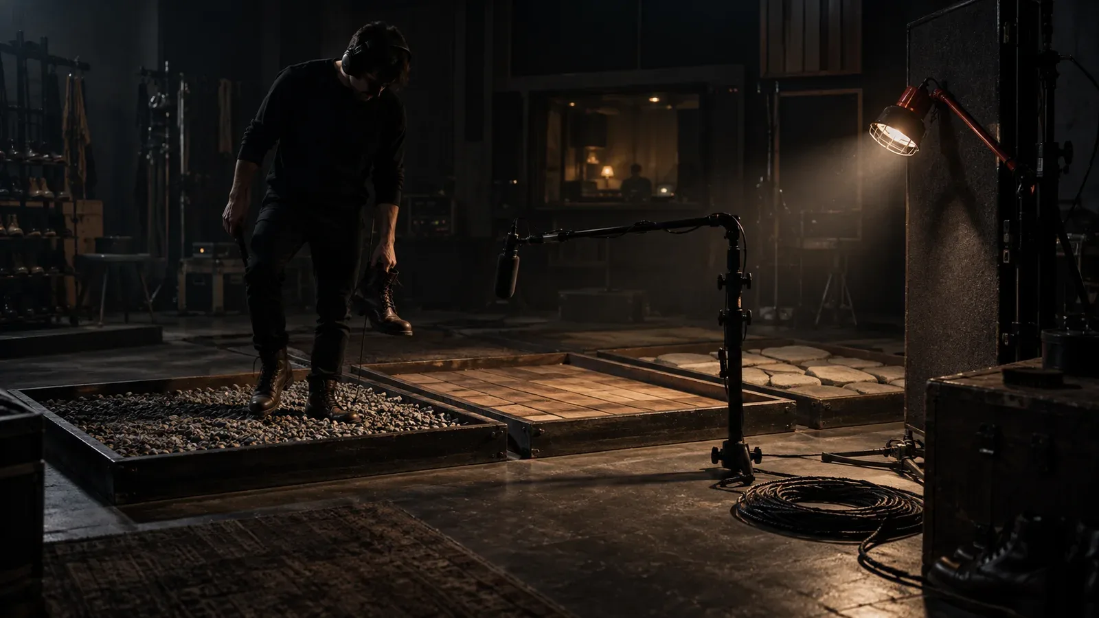 Artista de foley gravando passos e manipulação de texturas em estúdio acústico com foley pits