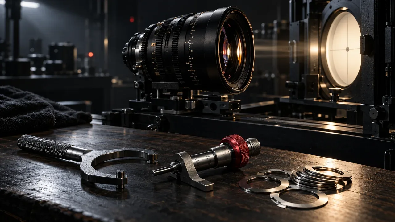 Bancada técnica de calibração de lentes de cinema no camera prep com projetor óptico