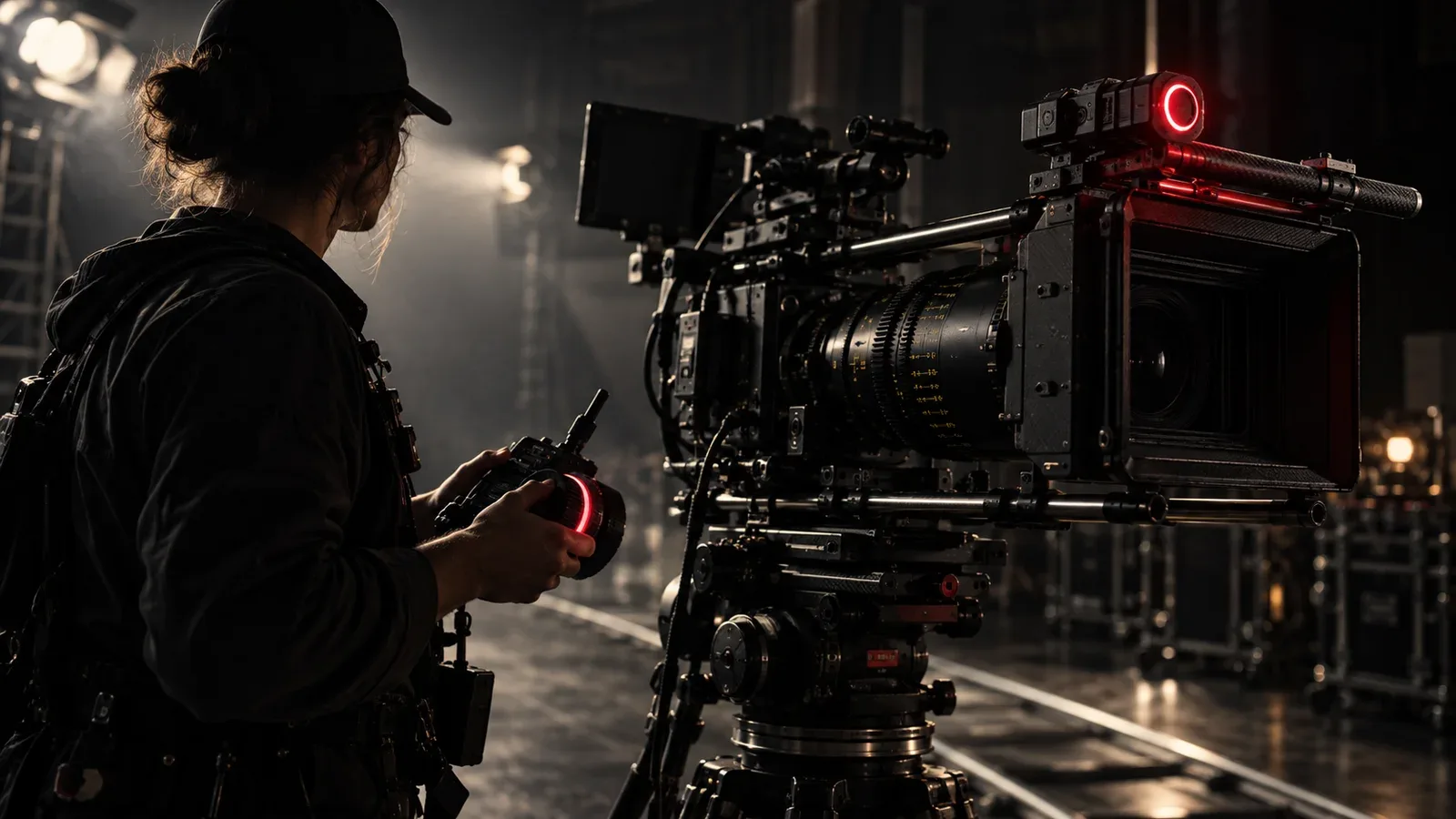 Rig de câmera de cinema com motores F.I.Z. e fita de marcação em set de filmagem