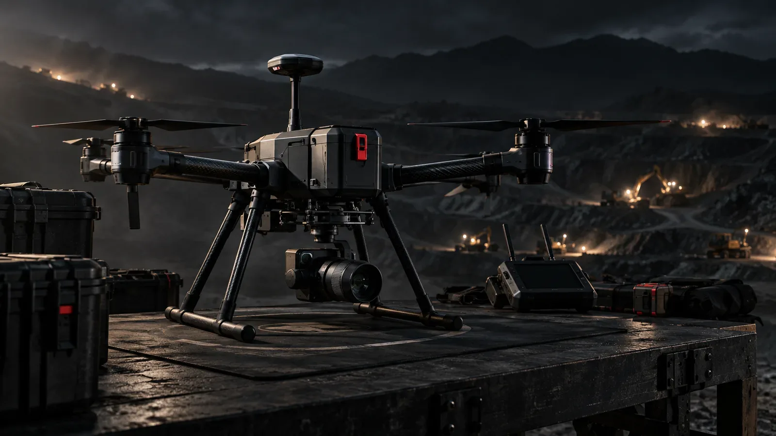 Drone profissional de fotogrametria e mapeamento com módulo GNSS RTK em bancada de campo