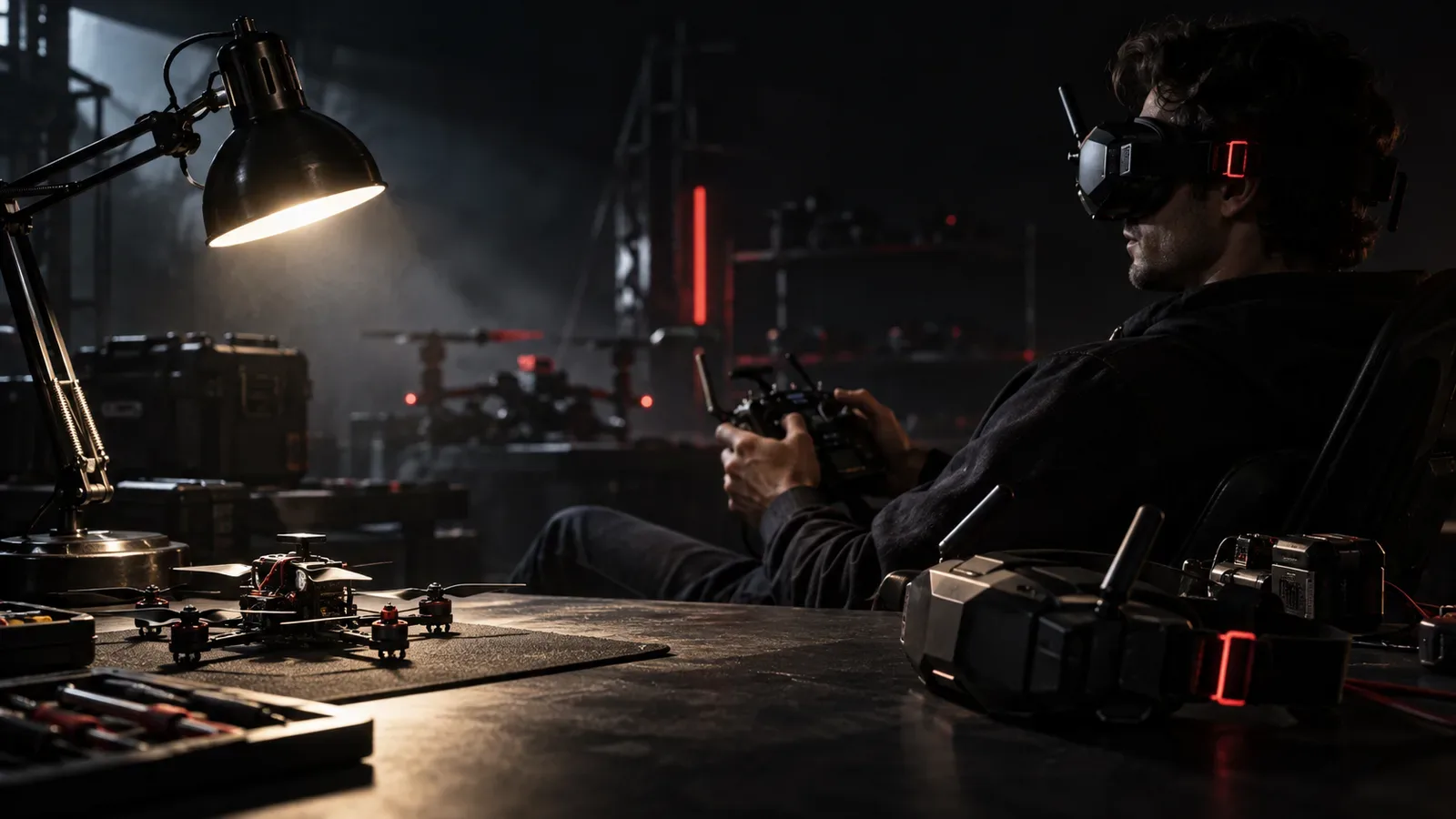 Piloto profissional de drone FPV com óculos digitais e radiocontrole ergonômico em bancada escura sob iluminação direcional