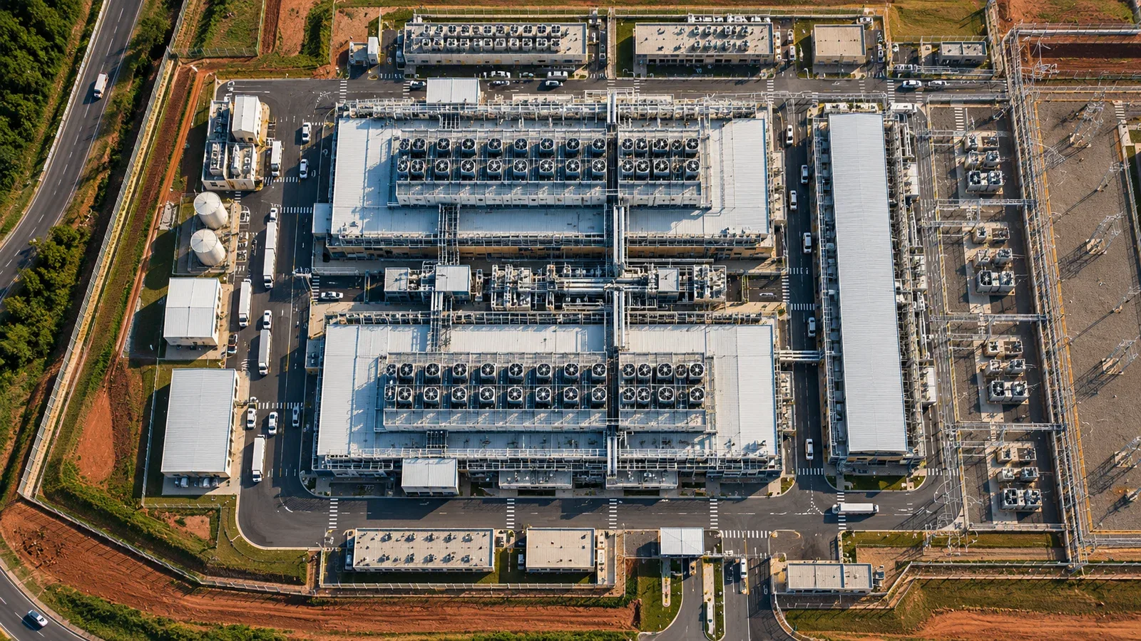 Visão aérea zenital de campus de datacenter de alta densidade no polo de Campinas